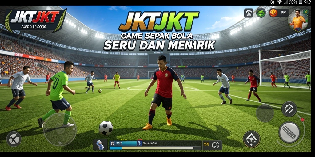 Tampilan utama gameplay JKTJKT menampilkan aksi sepak bola yang seru.